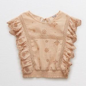 Aerie Eyelet Tassel Smocked Ruffle Top Size S